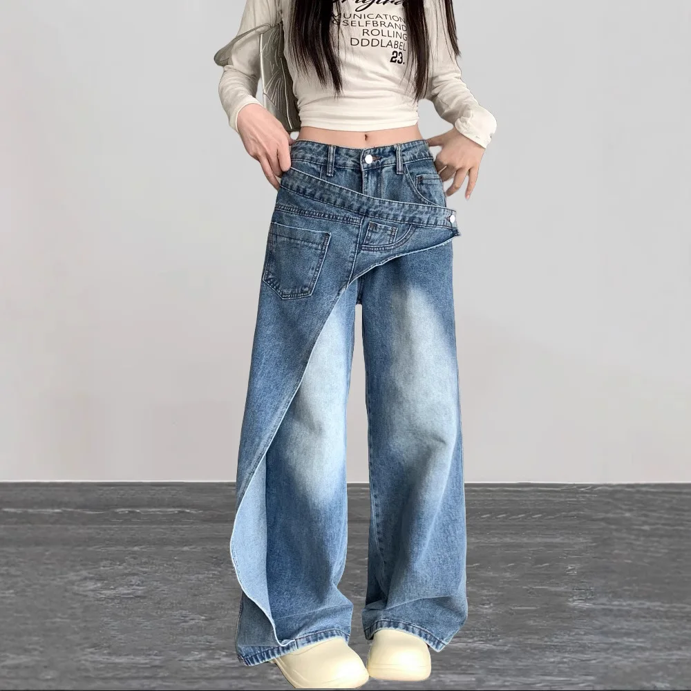 بنطلون جينز نسائي واسع الساق موديل 2026، سروال طويل بخصر عالٍ غير متماثل، جينز ممزق بغسيل بانك للملابس الشبابية