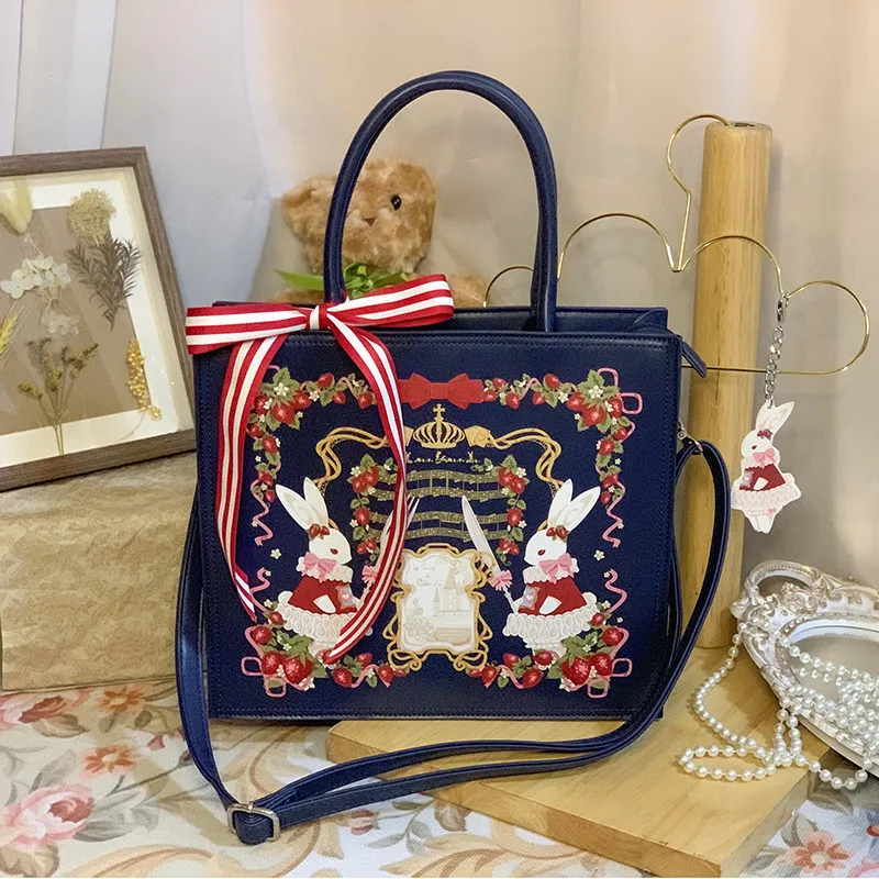 French Retro Lolita Girl Handbag Square Romantic Afternoon Tea Printed Western Cuisine Rabbit Bag Strawberry Ribbon Shoulder Bag