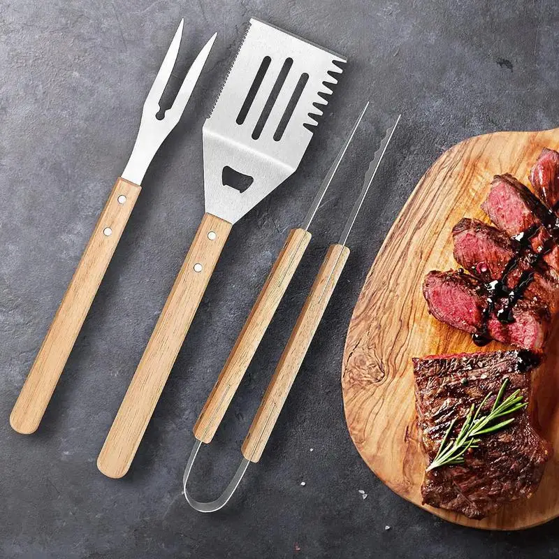 BBQ Grill Tools Set Stainless Steel Heavy Duty Grilling Accessories Kit Grill Utensils Set 3pcs Smooth Barbeque Utensils