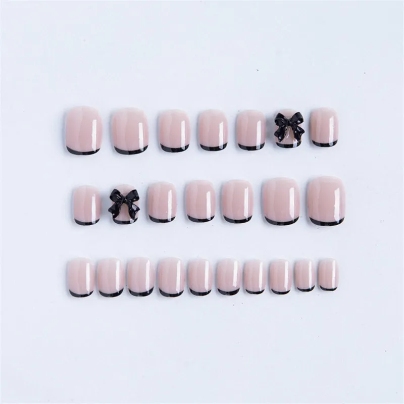 Nail Patch Wearing Short Black French Three-Dimensional Bow For Women Nail Enhancement Showing White False Nails Detachable