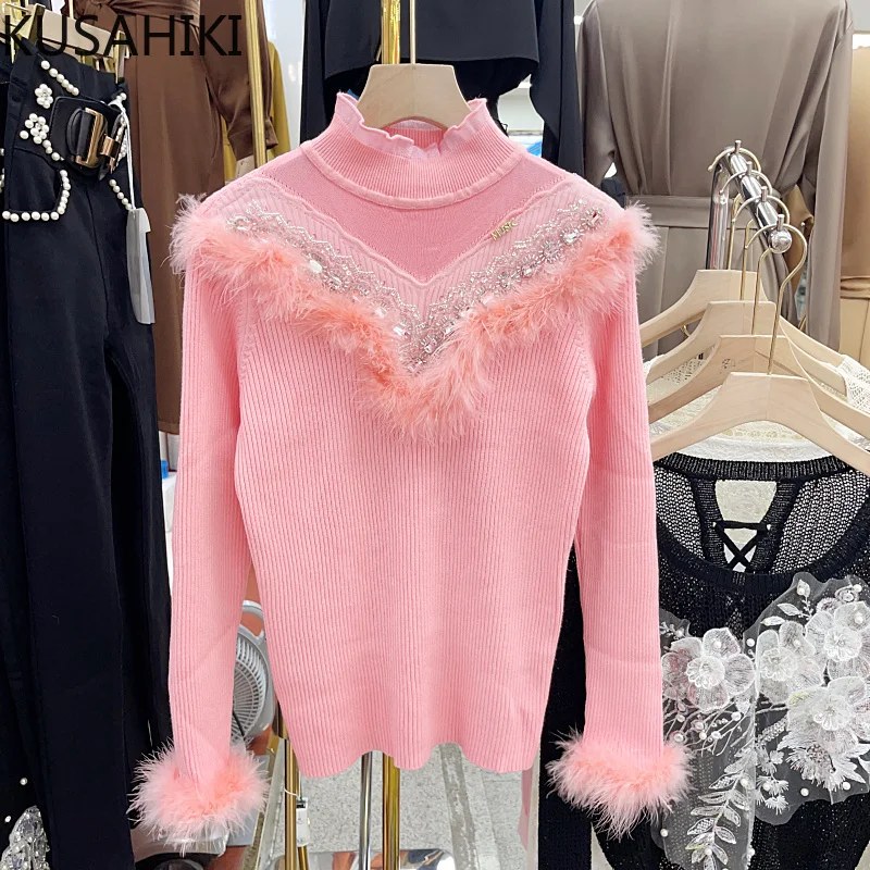 KUSAHIKI Fashion Fur Patchwork Chic Beads Knitwear Korean Stand Neck slim stretch Women Sweaters 2023 Autumn Winter Pull Femme