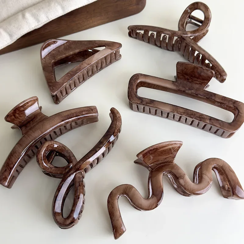 

Retro Brown Marbling Large Hair Claws Geometry Barrettes Womens Temperament Hairpins Shark Clips Female Fashion Hair Accessories