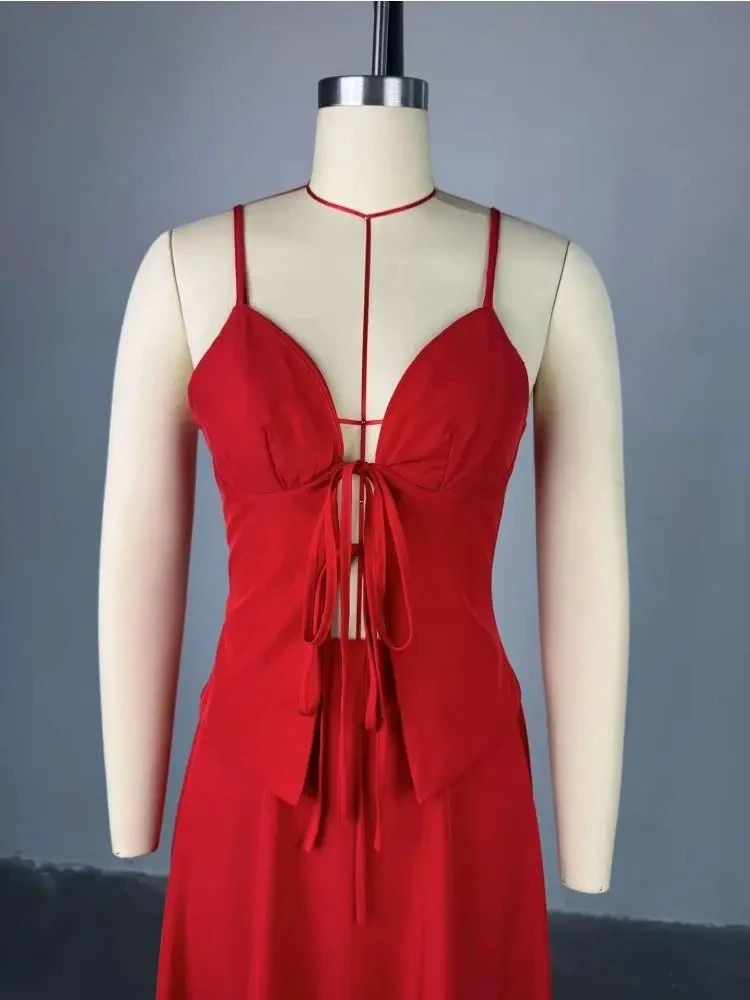 Fashionable Women's 2025 new Summer Tie-Front 2 Piece Set Sexy Sleeveless Cami Top and High Waist Skirt Matching Party Clubwear