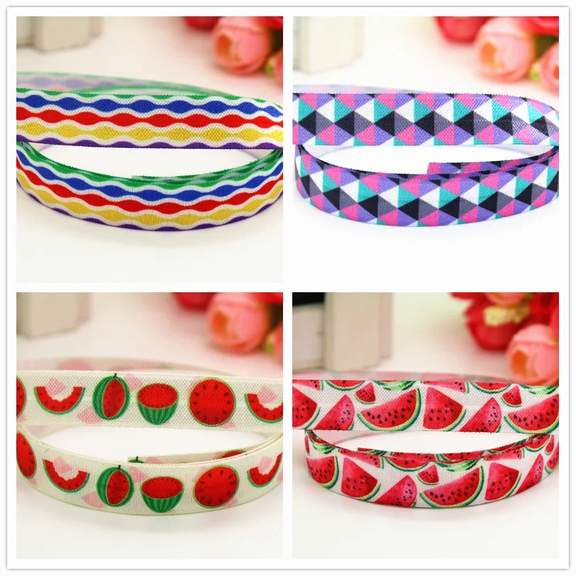 DHK 5/8'' 5yards Fold Elastic FOE Plaid watermelon colors printed headband headwear hairband decoration OEM Wholesale C523