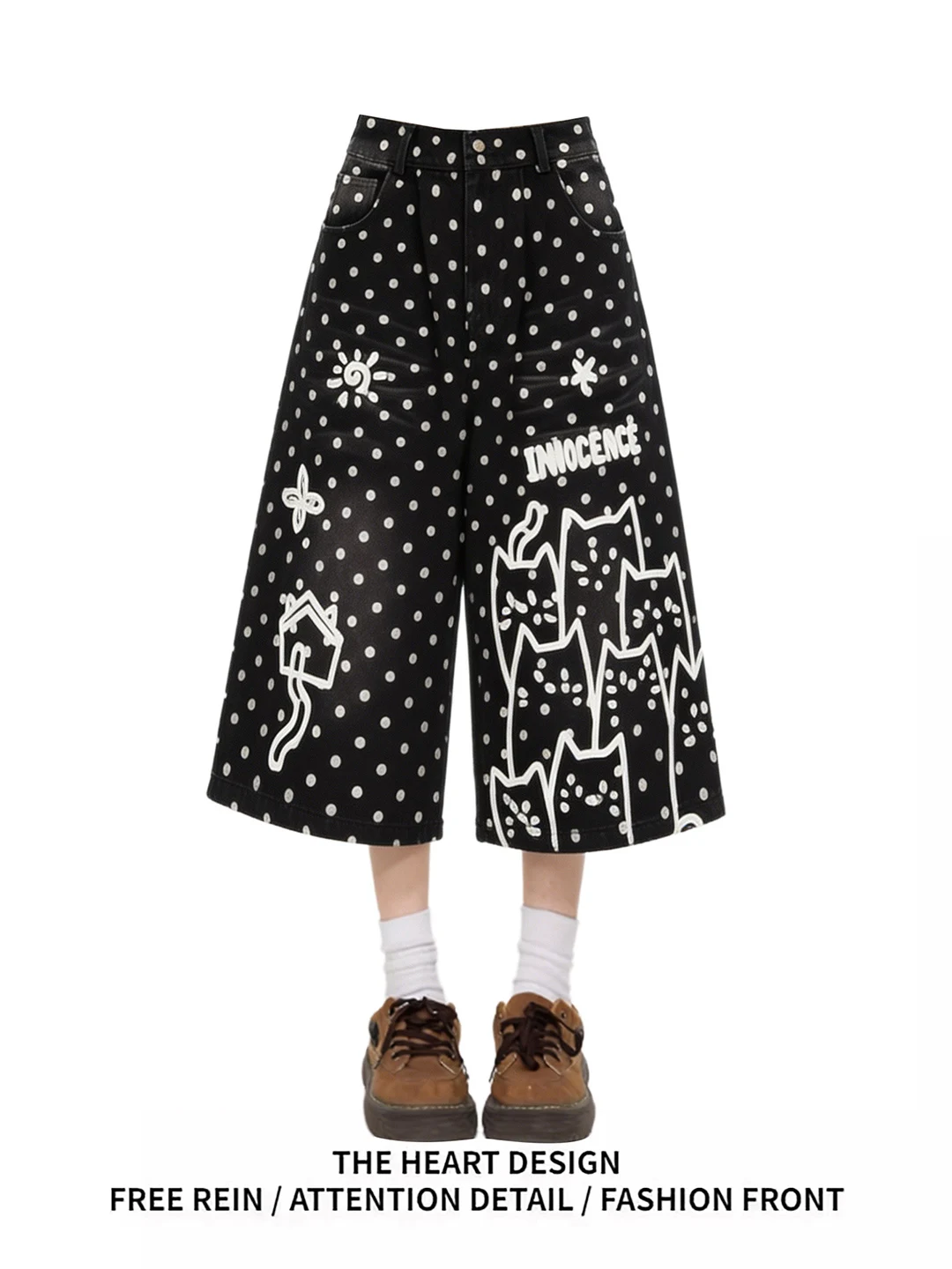 

Washed Denim Towel Embroidery Loose Wide Leg Seven-Foot Pants Women's Summer Casual High Waist Vintage Style Black Jeans