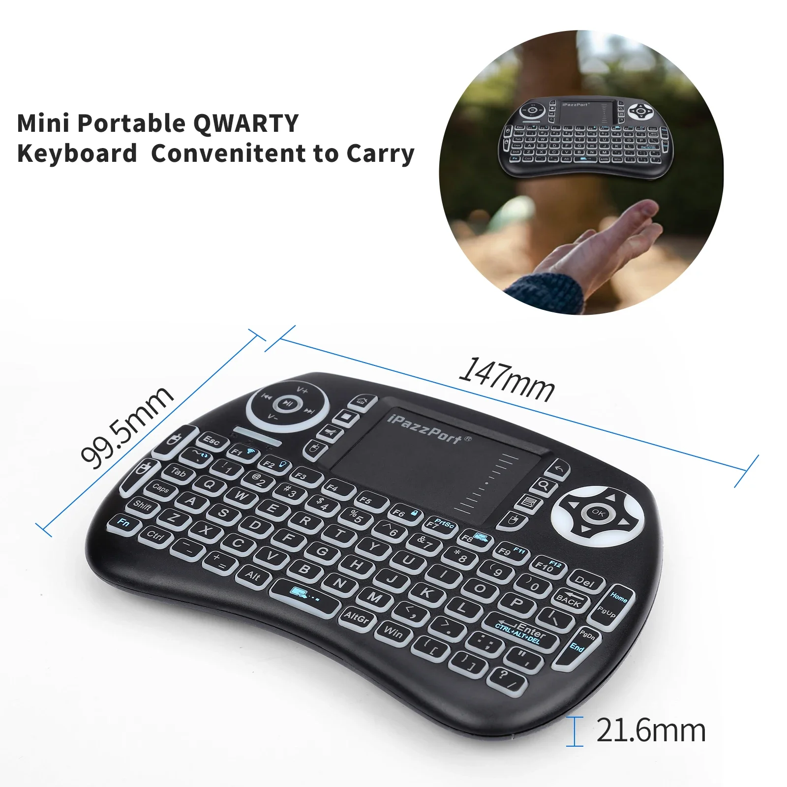 Mini teclado Bluetooth atualizado iPazzPort com touchpad, retroiluminado e recarregável, mod duplo 2.4G para Fire TV/Android/PC/Raspberry Pi