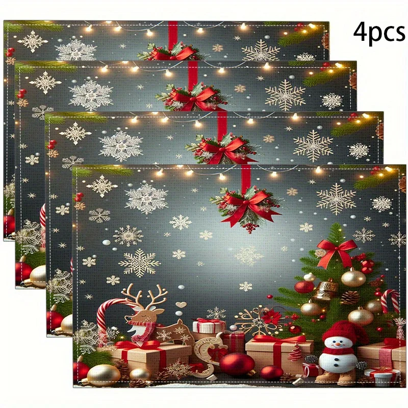 VIKAMA 4-Piece Christmas-Themed Waterproof Placemats Easy-Clean Family Gatherings Christmas Parties Holiday Table Decor
