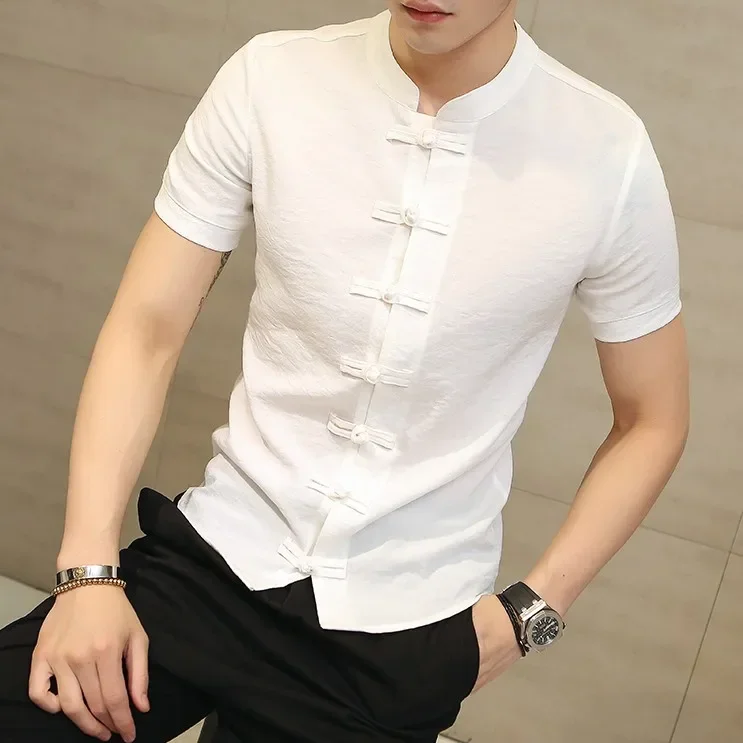 

New Chinese Style Solid Color Short-sleeved Shirt with Buckle Korean Style Fashion Casual T-shirt