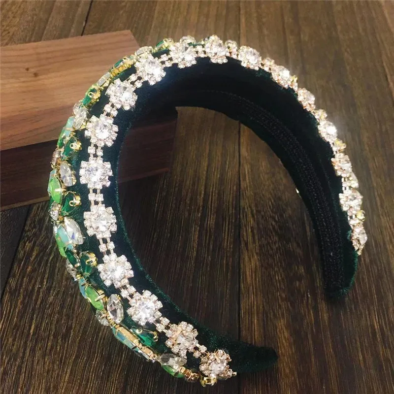 Ins Full Crystal Luxury Baroque Padded Headband For Women Diamond Rhinestone Hairband Wide Green Thick Headwear Wholesale