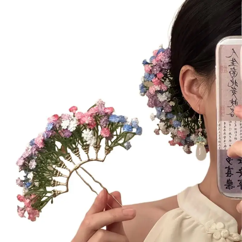 1 Stück handgefertigte Gypsophila-Blumenfächer-Haarnadel mit zarten bunten Blumen und goldenem Rahmen für Hanfu, traditionelle Feste und den täglichen Gebrauch. – Detail 6