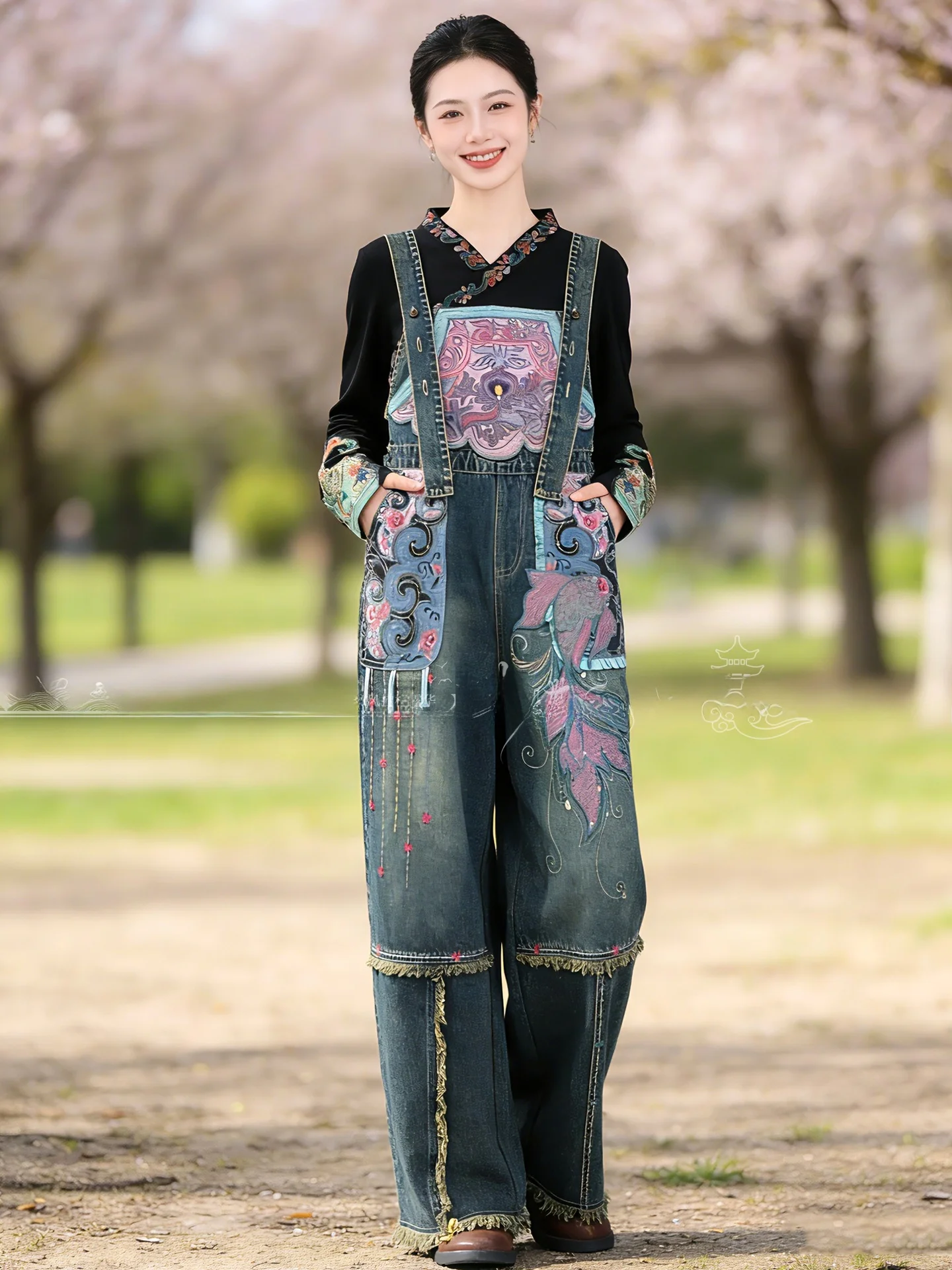 

Blue Embroidered Heavy Work Denim Overalls Ethnic Sle High Waist Plant Floral Pattern Casual High Quali Cotton Ladies Jeans