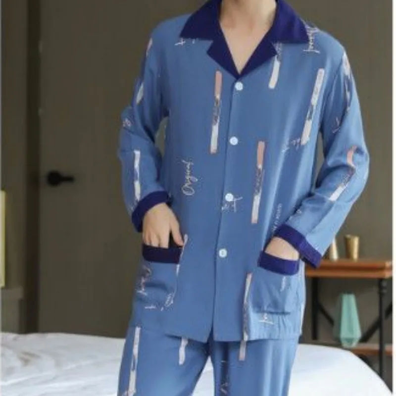 Men Long Sleeved Pajamas Pure Cotton Spring Pyjamas Thin Large Size Nightdress Lapel Plaid Sleepwear Simple Printed Loungewear