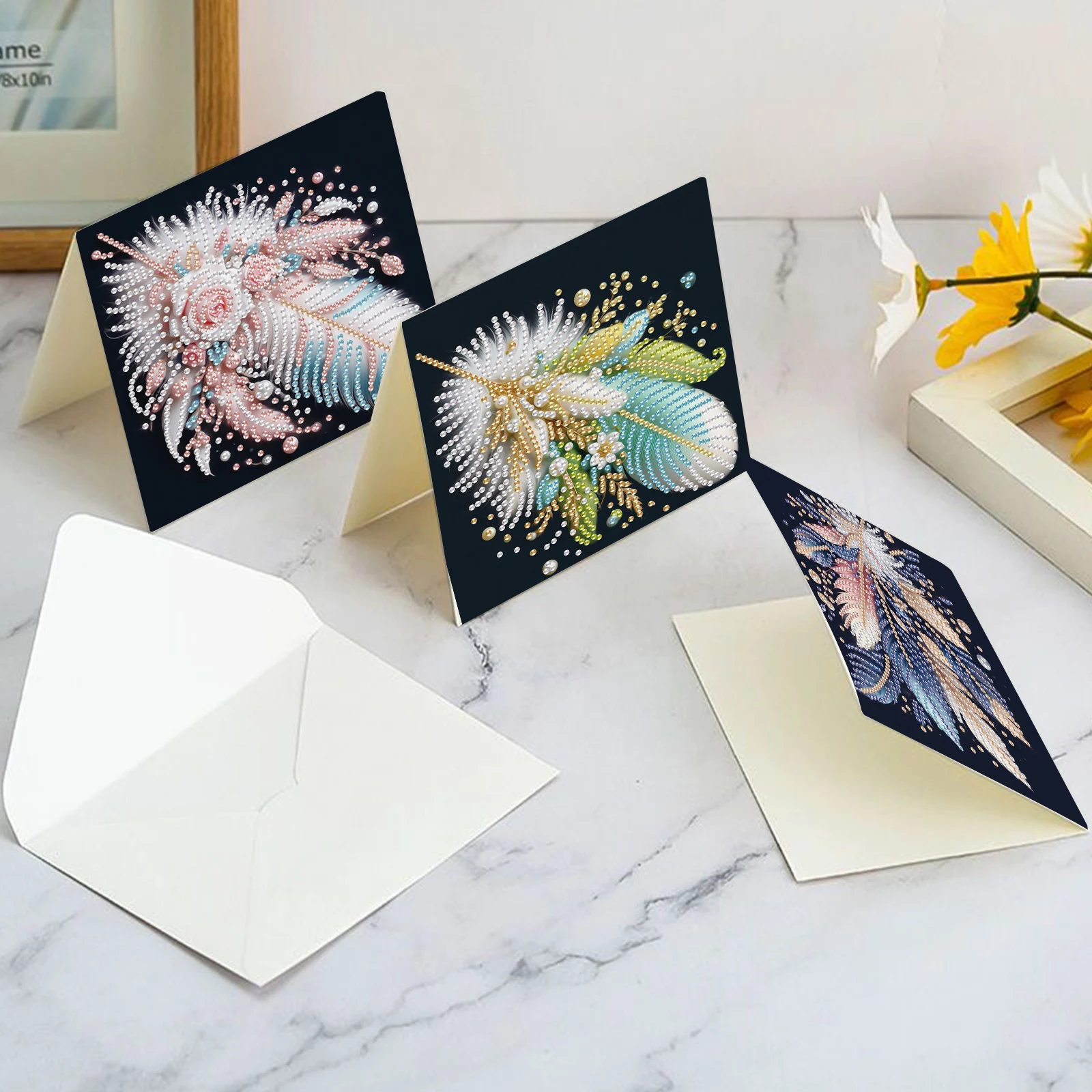 

6Pcs Diamond Painting Greeting Card Kit,DIY Colorful feathers Handmade Festival Greeting Diamond Art Birthday Creative Cards Gif