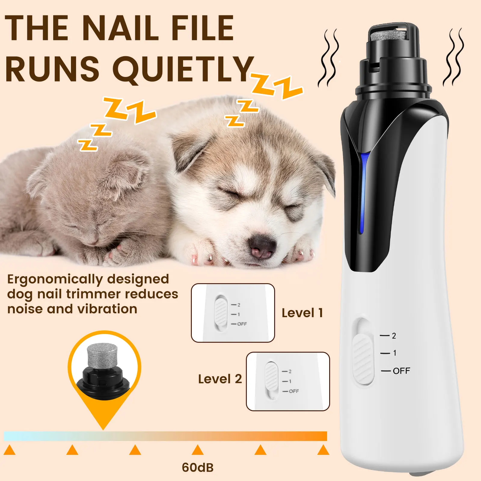 Dog Nail Grinder 2 Speeds Dog Nail Trimmers Low Noise Electric Dog Nail File USB Rechargeable Paw Nail Grinder Efficient Pet