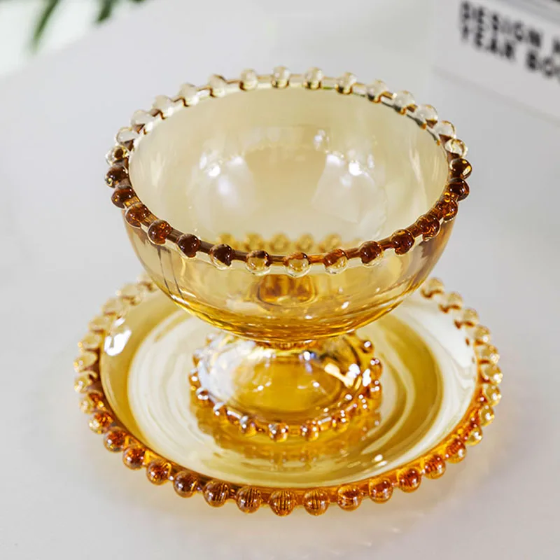 

Стеклянная Чаша для десерта, европейская чаша для мороженого, стеклянная чаша с бусинами, чаша для фруктов и салата в виде птичьего гнезда, изысканная чашка для мороженого и блюдца