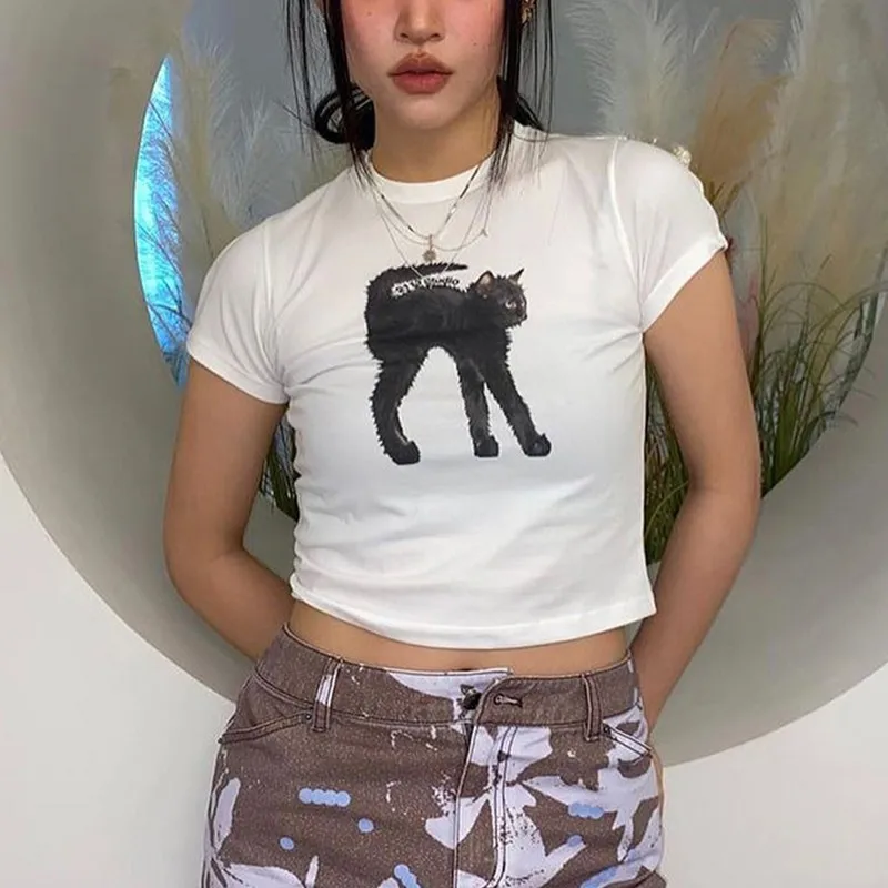 Karrram Grunge Cat Print Crop Top Korean Fashion Black Cat T-shirt Kpop Short Sleeve Tee Shirt Slim Y2k Fairycore Streetwear