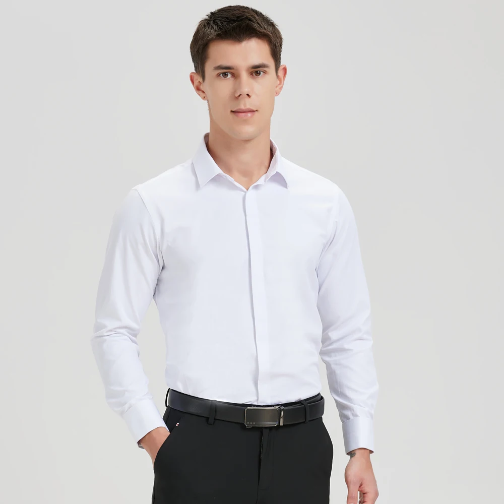 Men's Classic Hidden Buttons French Cuffs Solid Dress Shirt Formal Business Regular-fit Long Sleeve Shirts (Cufflink Included) image 4