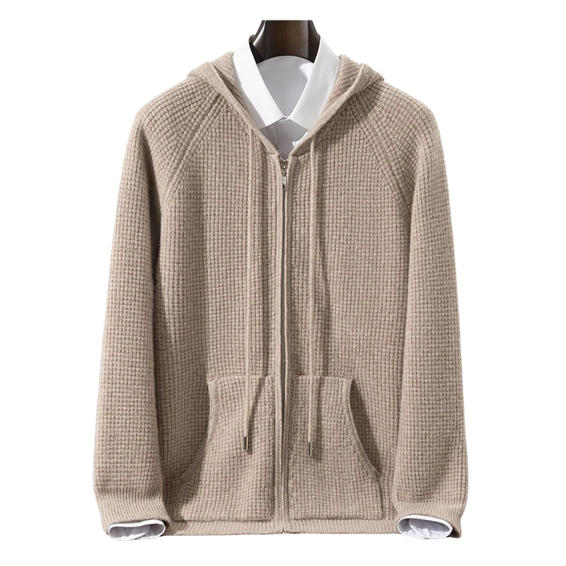 Autumn Winter New 100% Pure Wool Sweater Zipper Men's Cardigan Loose Casual Hooded Pocket Knitted Sweater Coat