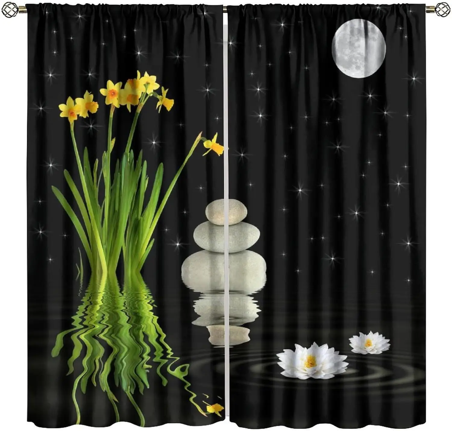 Zen Spa Curtains, Asian Japanese Bamboo Stones Floral Lotus Garden Spa Theme Window Drapes, for Bedroom Living Room (Decorative)