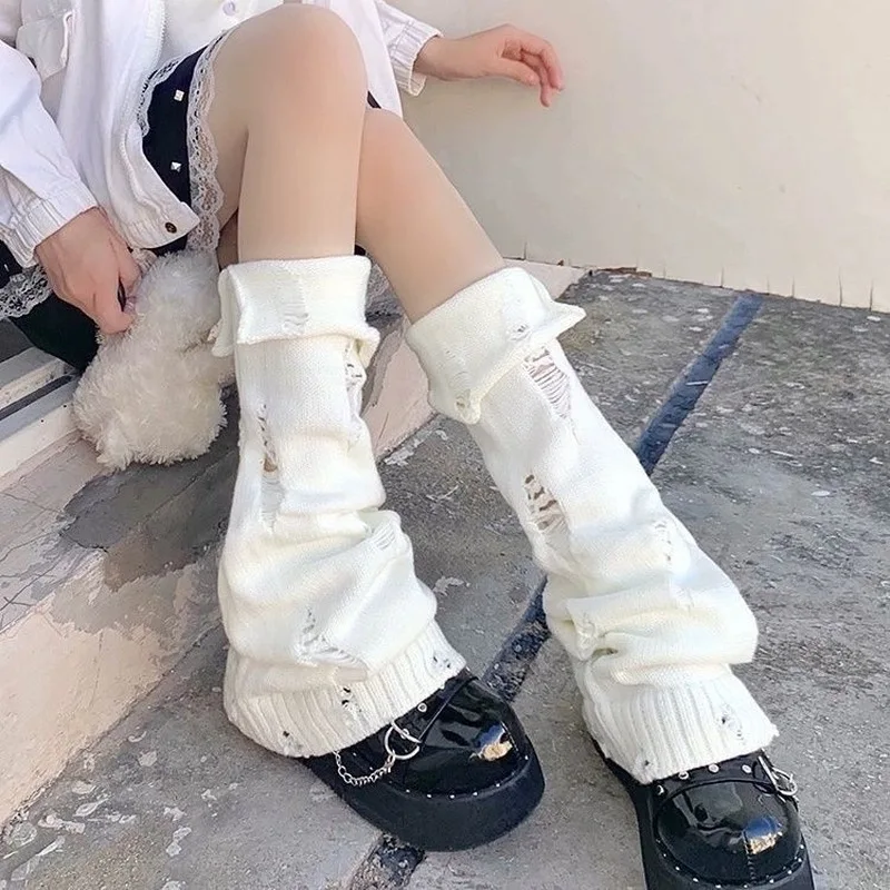 Y2K Ripped Knitted Leg Warmers White Slouchy Distressed Boot Cuffs Leg Covers Gothic Harajuku Stacked Socks for Women Streetwear