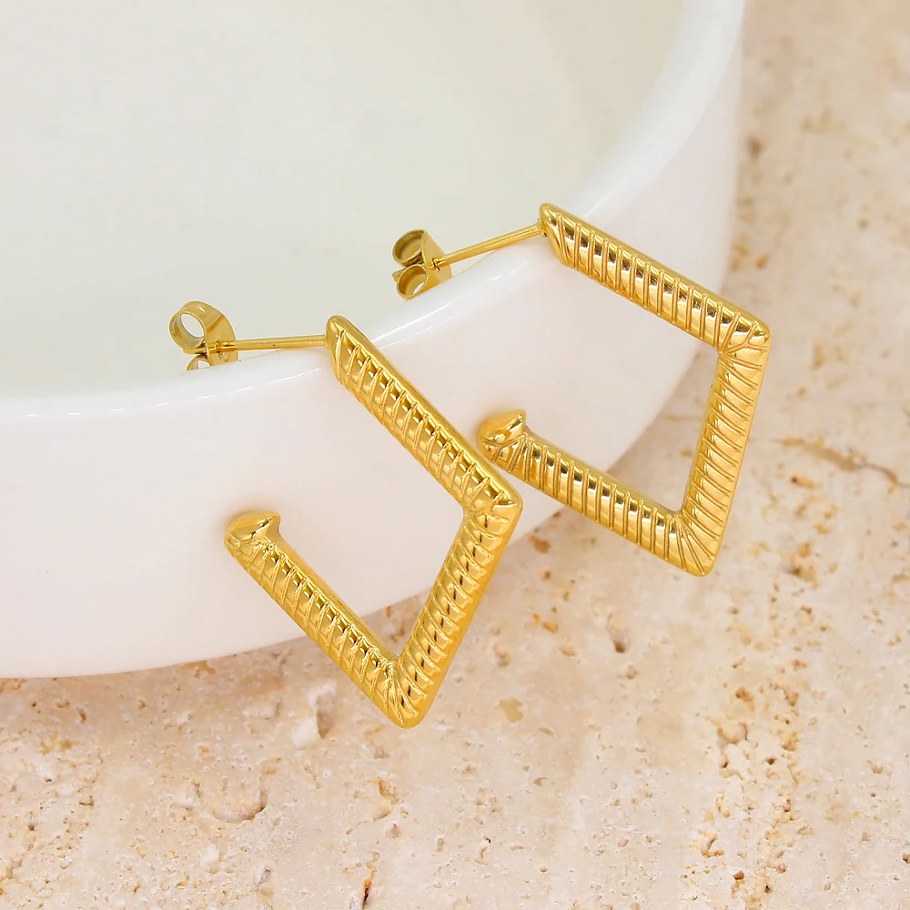 Statement Women Geometric Square Stainless Steel Hoop Earrings High Quality Tarnish Free Gold Color Ear Accessories