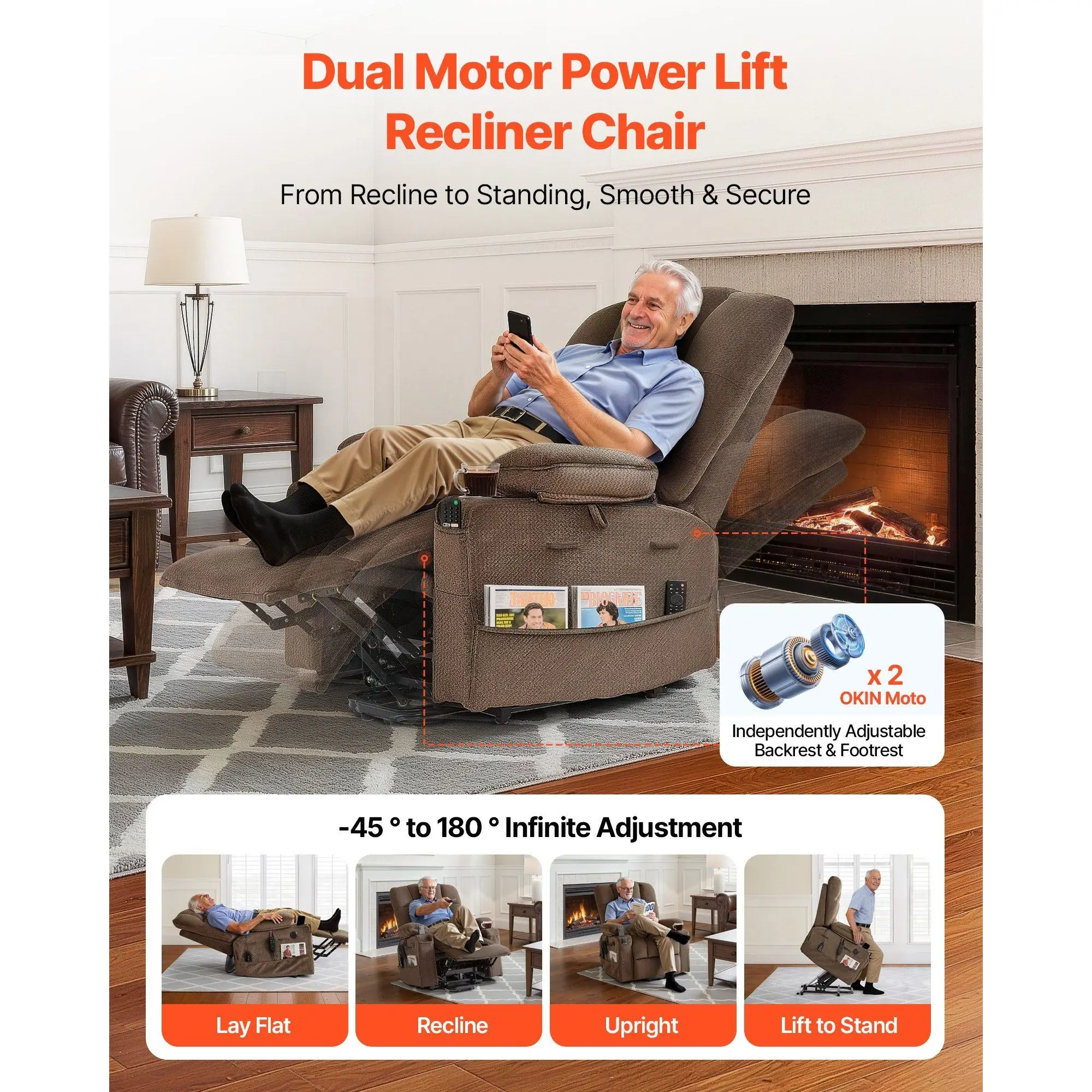 Double motor electric lift recliner, with hot massage function, suitable for the elderly, unlimited position adjustment