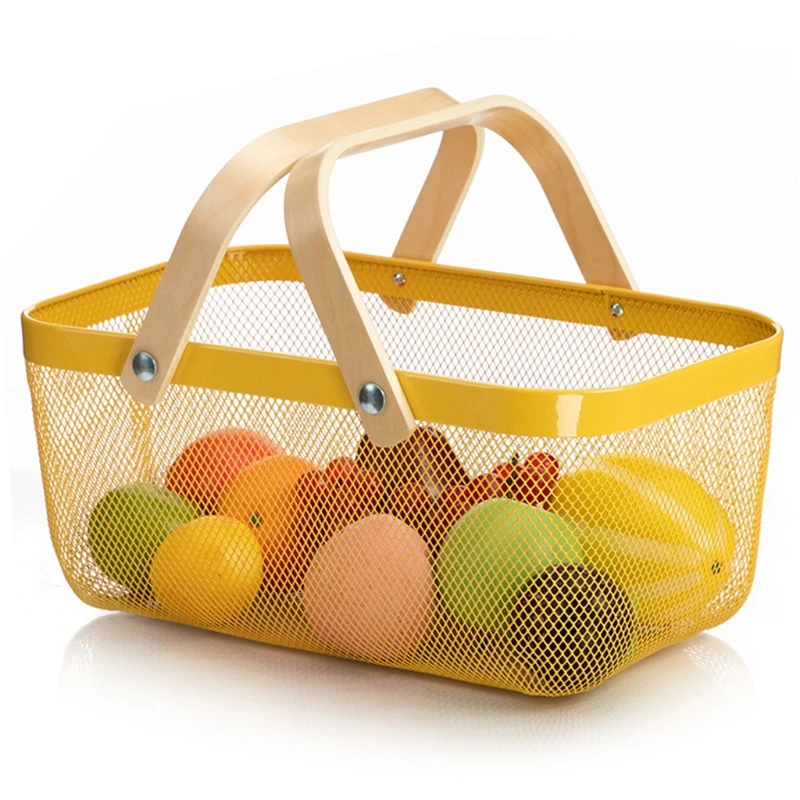 Nordic Metal Mesh Fruit Basket Bin with Double Wooden Handle Kitchen Wrought Iron Rectangle Storage Dropshipping