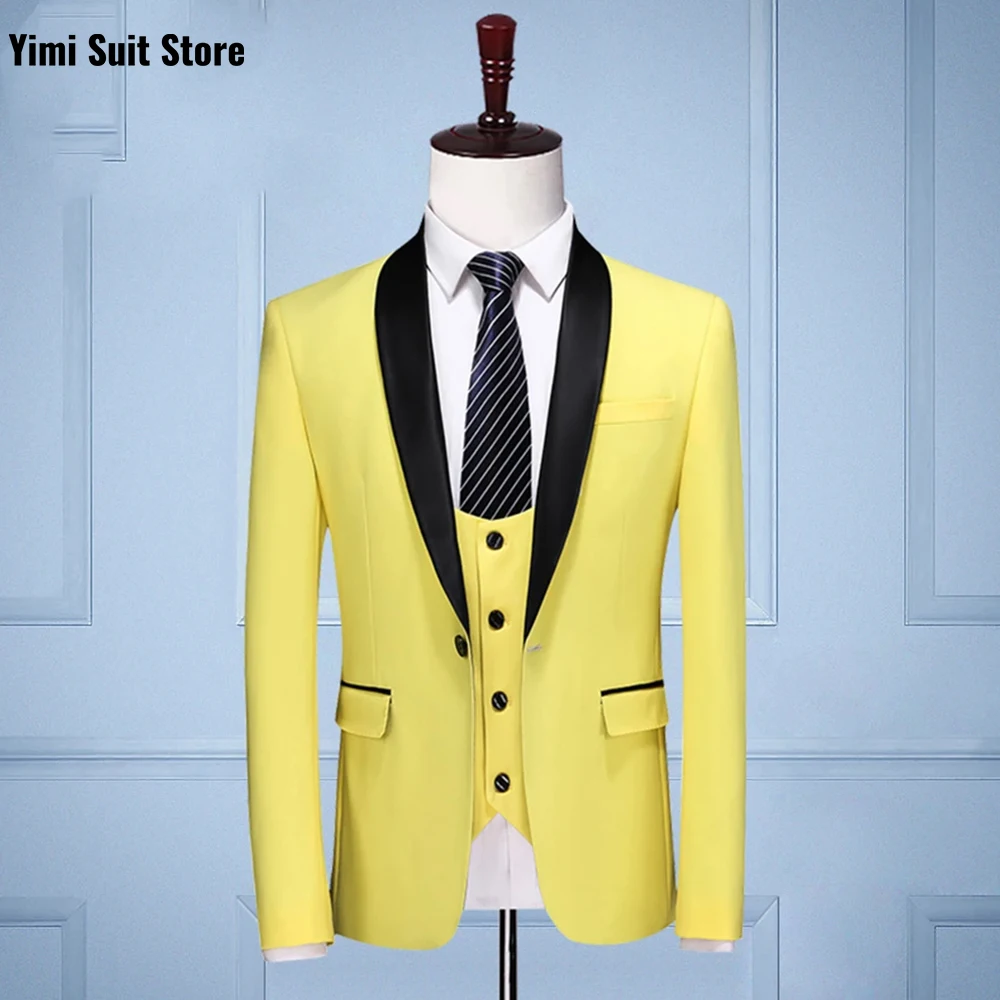 

Yellow Men's Suits Office One Breasted Suit 3 Pieces Elegant Casual Suit for Groom Business Casual Male Suits Jacket+Vest+Pant