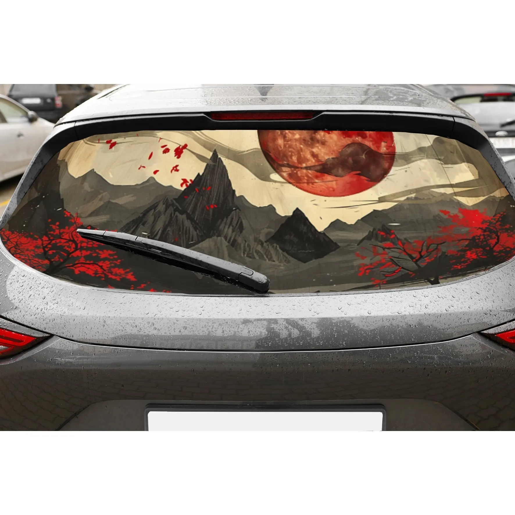 

Deep red full moon car rear window vinyl wraps sticker, auto art sticker, self-adhesive waterproof rear window decoration, gener
