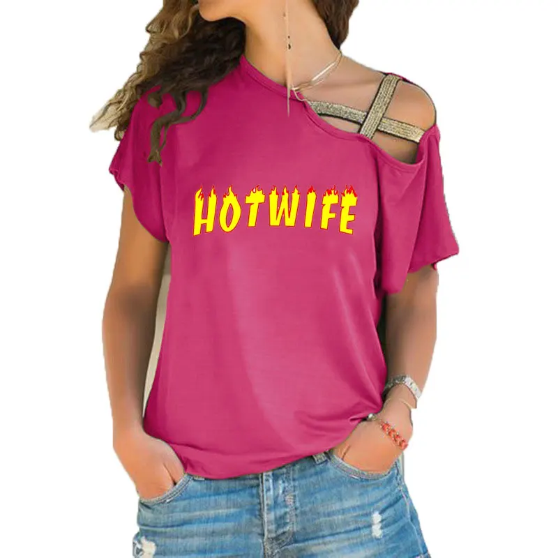 Women T-shirt Loose Slash Neck T Shirt Ladies Hotwife Print T-shirt Summer Casual Irregular Skew Cross Bandage Tops