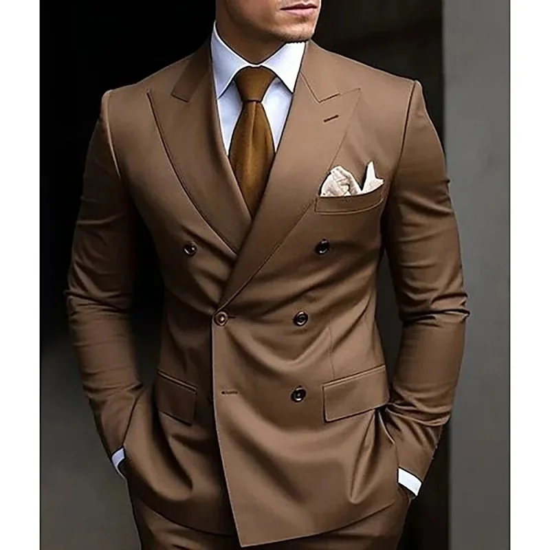 Brown Men's Suits Double Breasted Bespoke Double Breasted Peaked Lapel Formal Blazer Slim Fit 2 Piece Jacket+Pants