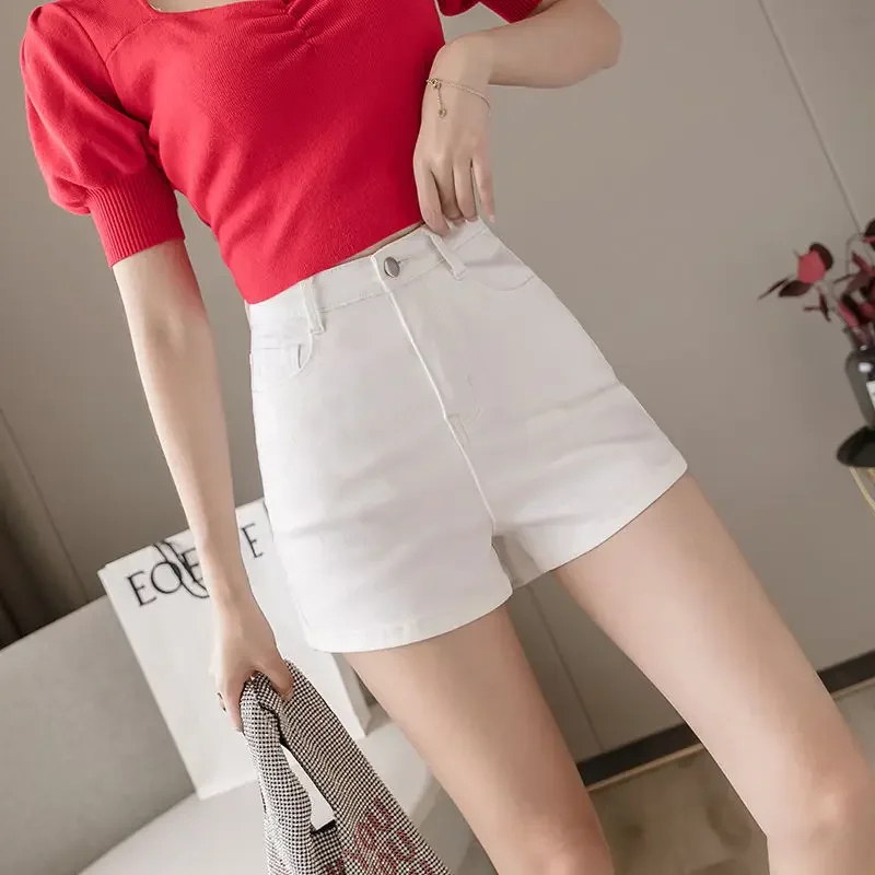 Shorts Women White High-Waist Tight Stretch Denim Shorts Women's Summer Loose A- Line Ropa Mujer