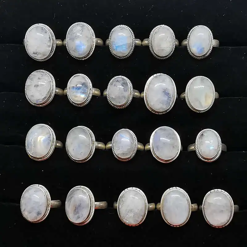 Nepal 925 Sterling Silver Inlaid Natural Moonstone Flower Rings for Girls Nepal Vintage Jewelry T9089
