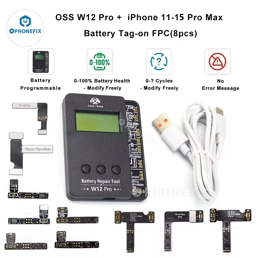 OSS-Programmeur de réparation de batterie W12 Pro, Tag-on FPC Flex pour iPhone 11-15, Étalonnage des données de santé de la batterie, Harge SubKR, Réinitialisation