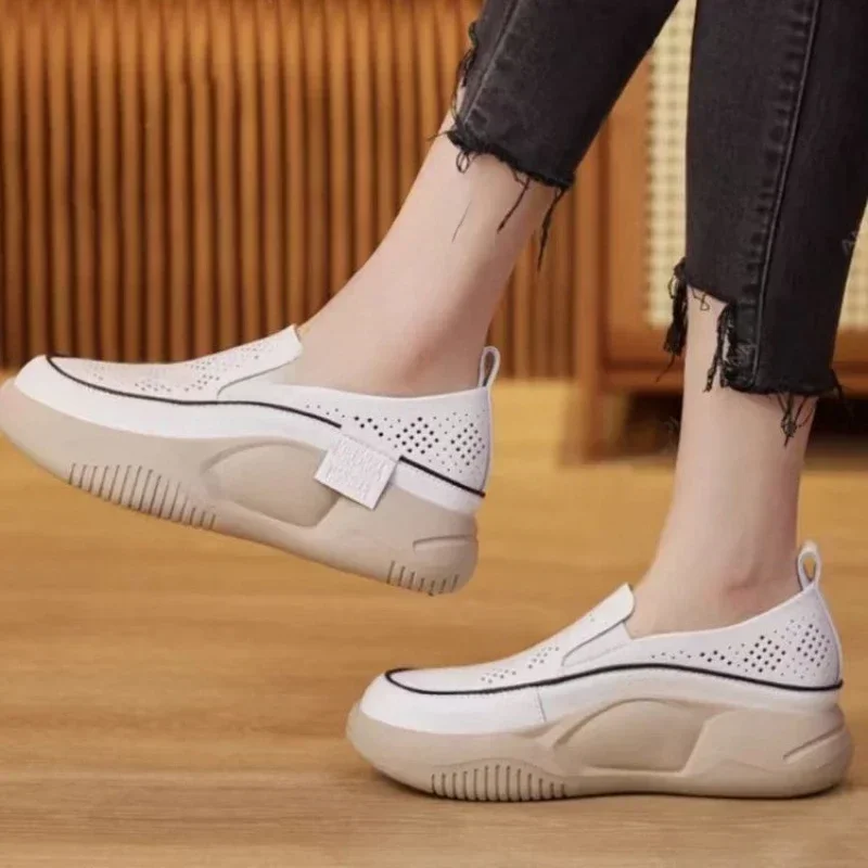 Round Toe Fitting Single Shoe and Soft Sole 2025 New Summer Thick Sole Small White Shoes for Women Female Hollow Out Loafers