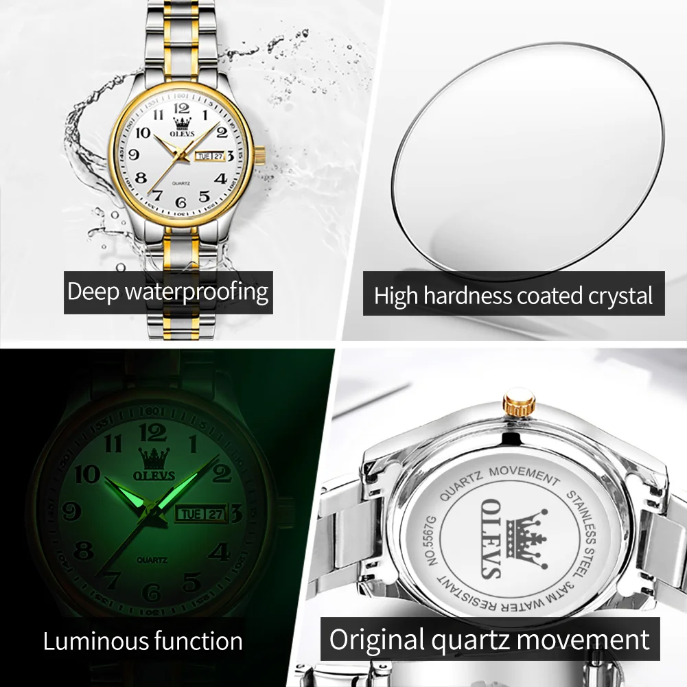 Olevs Luxus Quarzuhr für Frauen elegante Edelstahl uhr leuchtende wasserdichte Woche Datum Armbanduhr Damen Kleid Uhr