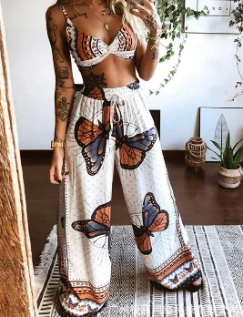 Women Sexy suits 2024 Spring/summer Latest Charming V-Neck Printed Twisted Sleeveles Top Wide Leg Pants Long Pants Two Piece Set