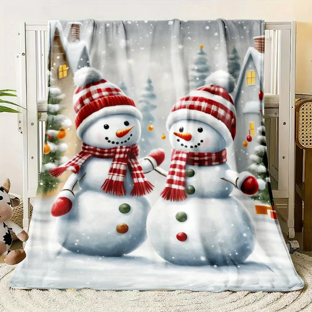 1pc Snowmen Print Winter Fluffy Blanket ,Sofa, bed, travel, lunch break, flannel blanket.