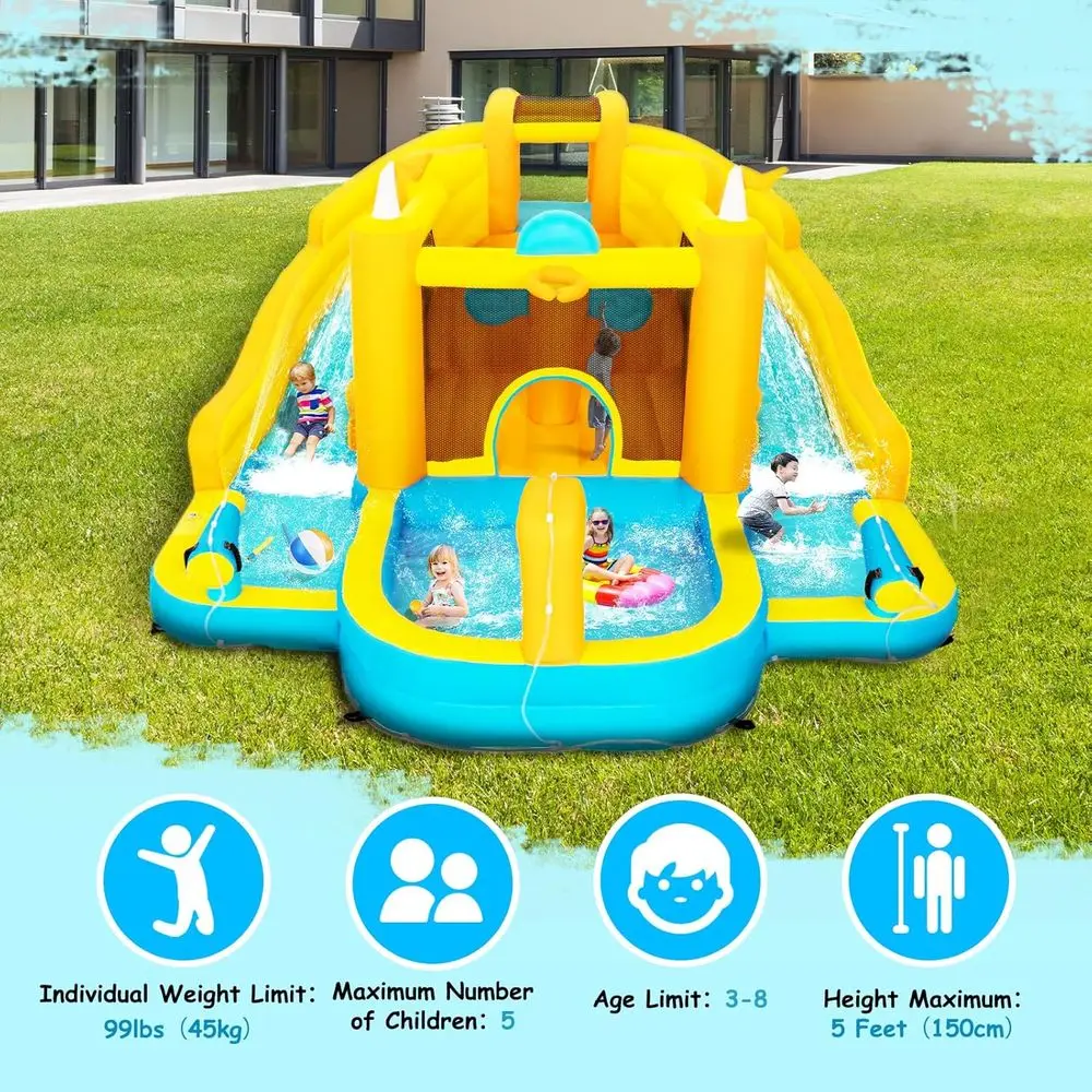 สไลเดอร์น้ำเป่าลมขนาดใหญ่พิเศษ 15x13 ฟุต พร้อมสไลเดอร์คู่, เครื่องเป่าลม 750 วัตต์, ผนังปีนป่าย, สระน้ำเล่นน้ำ, ขอบสระแบบตะกร้า