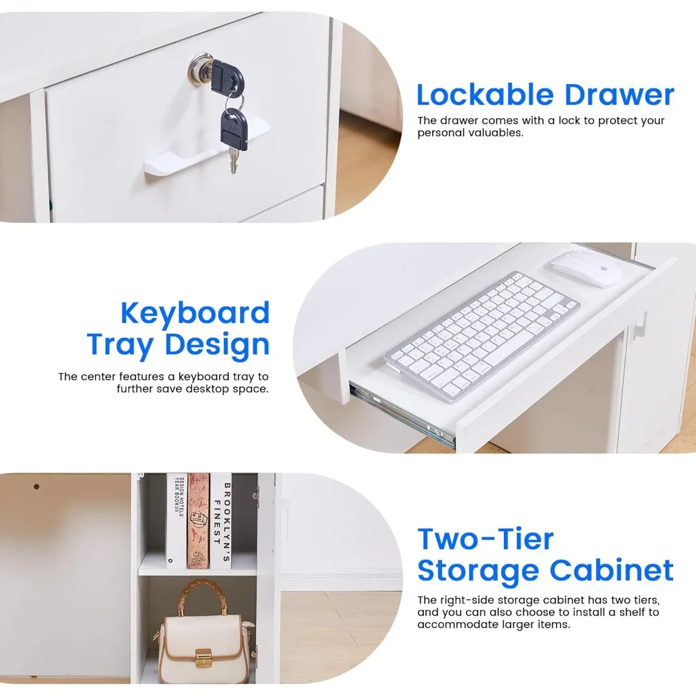 50 受付デスク – モダンなフロントデスク、鍵付き引き出し、キーボードトレイ、収納キャビネット、内蔵電源コンセント、LEDライト付き