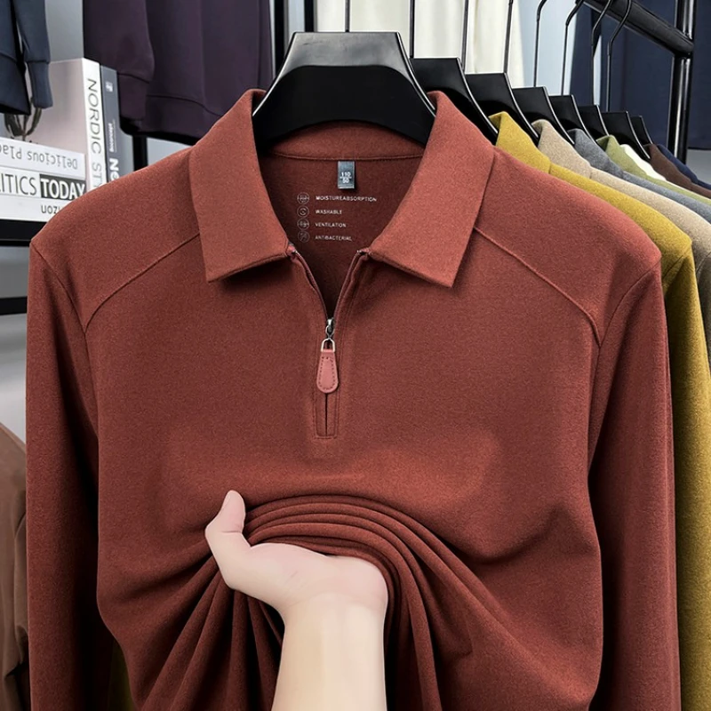 

Мужская рубашка-поло в скандинавском стиле с половиной молнии и длинными рукавами, куркума, желтый (церпично-красный/темно-серый), минималистичная повседневная одежда ​ Бархатное тепловое