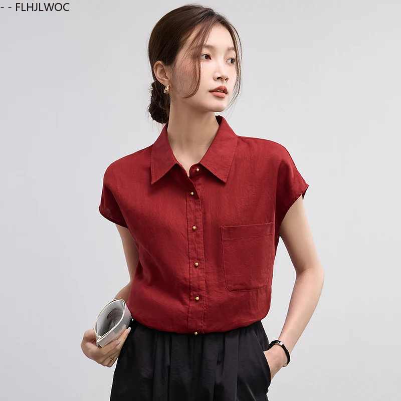 Mince aéré pur coton lin chemise femmes nouveauté doux lâche Blouse vin rouge confortable décontracté rétro Vintage hauts