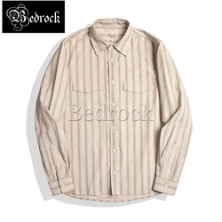 American vinatge beige vertical striped western shirt male Amekaji tops corduroy casual loose lapel long sleeved shirts