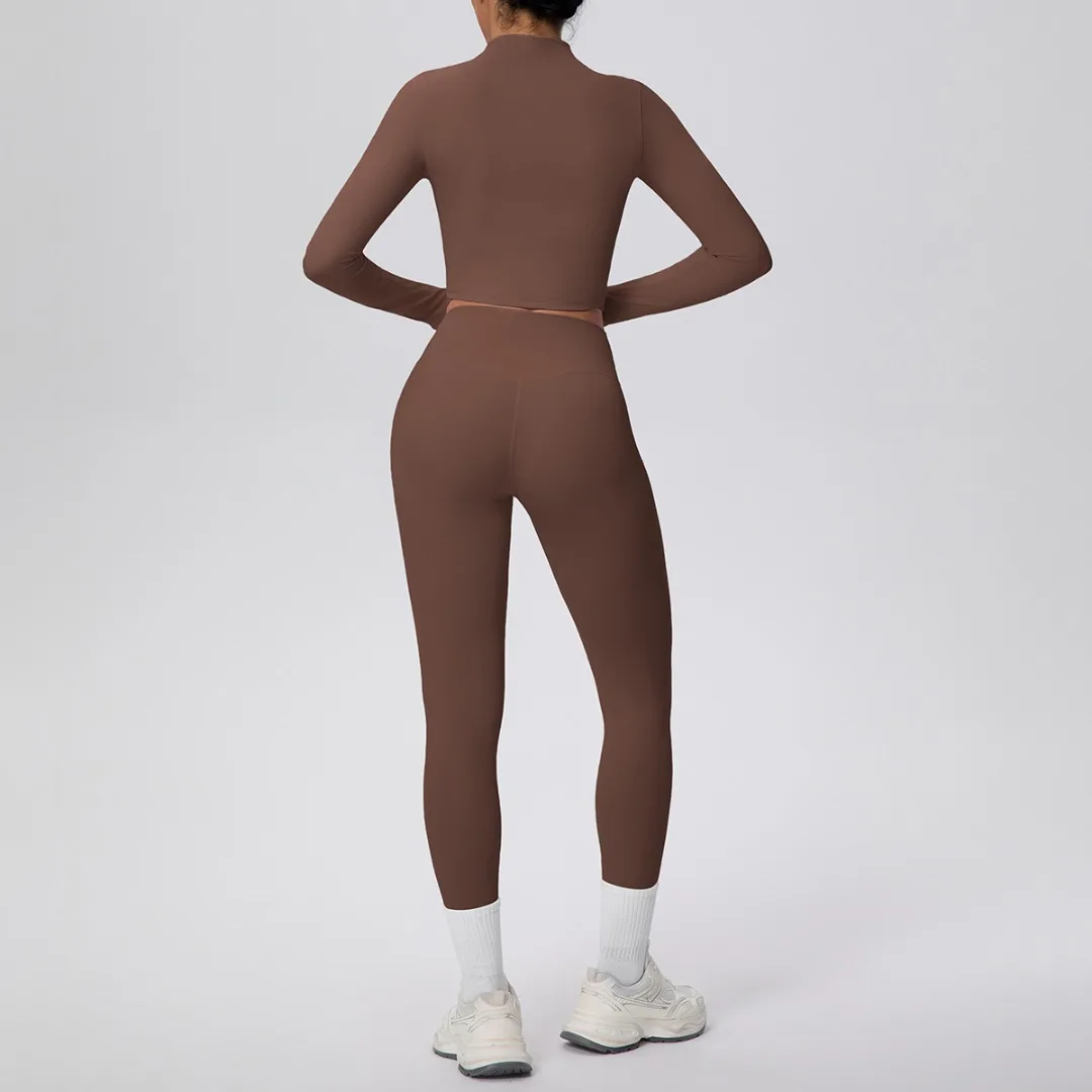 على الوجهين نحى كم طويل السراويل اليوغا مجموعة عالية الخصر الورك رفع ضيق عارية يشعر سستة سترة قصيرة تشغيل اللياقة البدنية اليوغا مجموعة #2