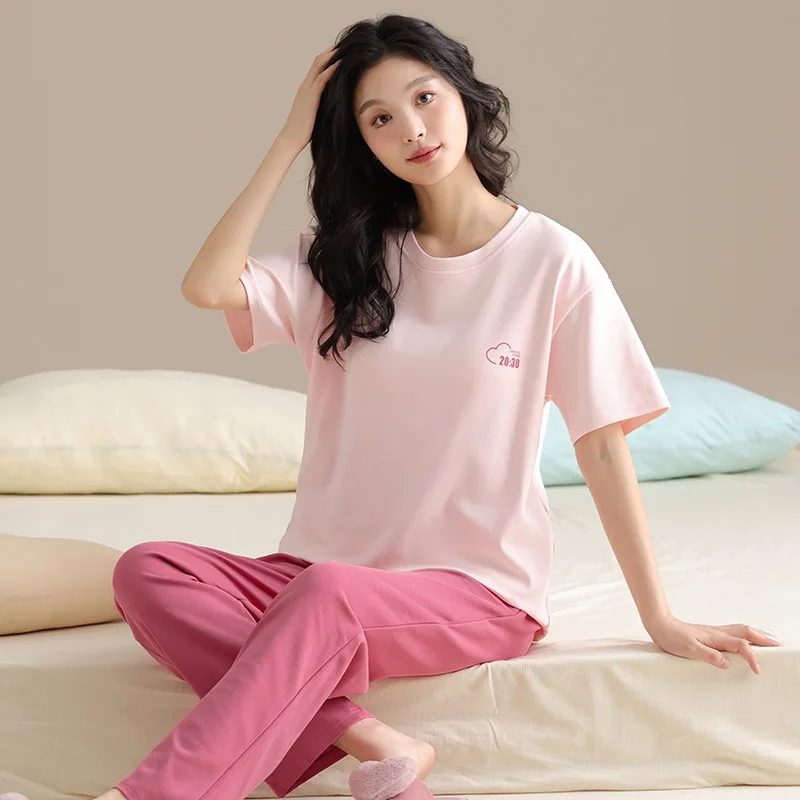 Summer 2pieces Pyjamas Set Women 2025 Round Neck Girls Cotton Pajamas Sets Full Pant Sleepwear Short Sleeves Tops Pajama Mujer