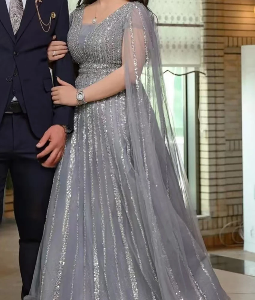 Customized High Quality Tulle A-Line Sequined Evening Dress Elegant Long Sleeves Square Neck Floor Length Special Occasion Gowns