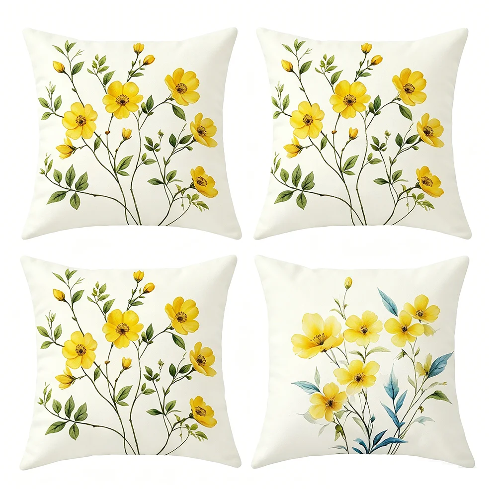 1PC 2D Flat Watercolor Yellow Wild Floral Throw Pillow Covers Spring Botanical Farmhouse Cushion Cases for Home Decor