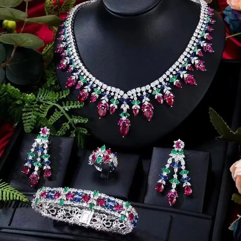 Vintage Christmas Gifts Copper Inlaid Turquoise Heart Water Drop Tassel 4Pcs Jewelry Set Necklace Earrings Ring Bracelet Women