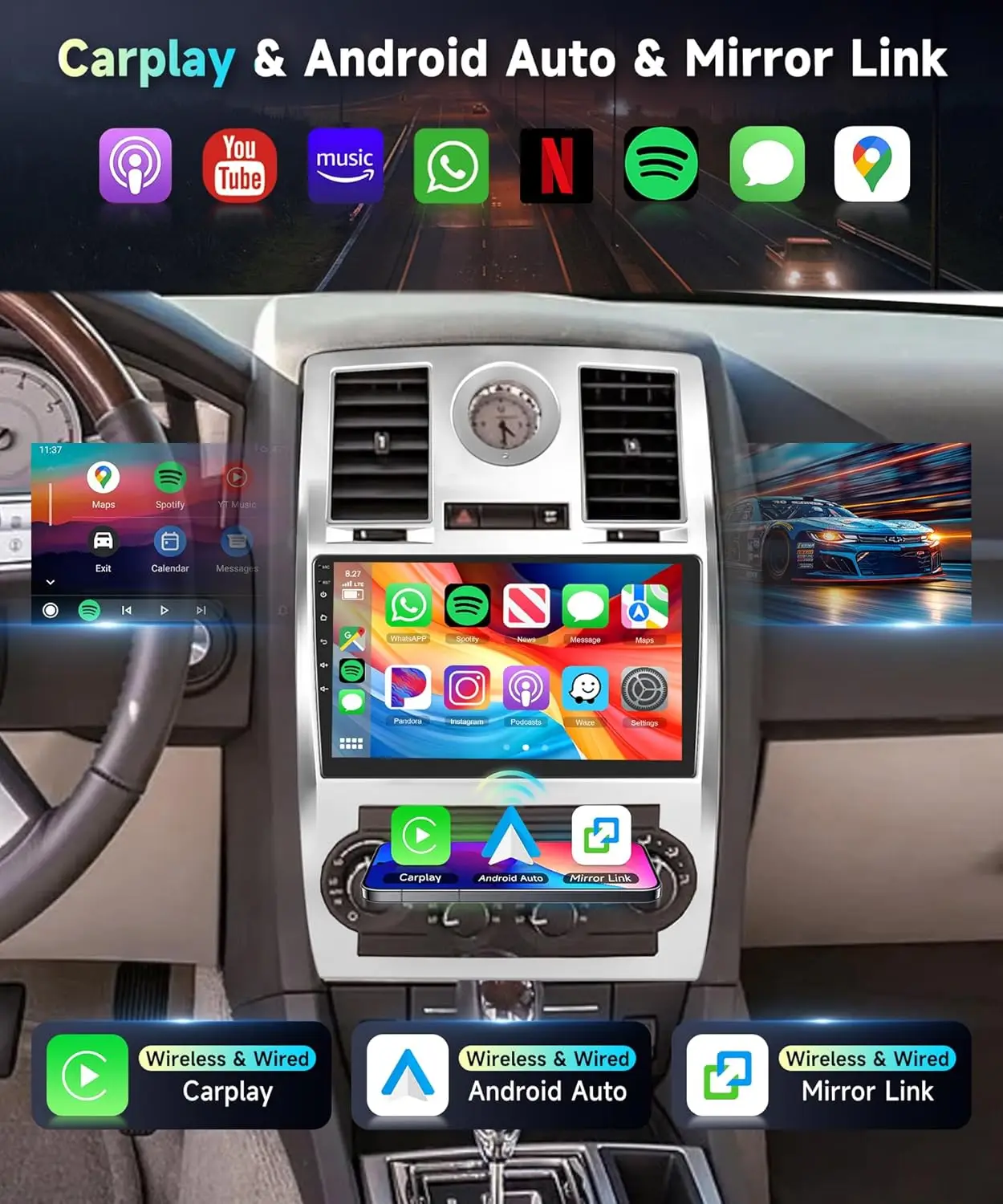 2GB+64GB Car Stereo for Chrysler 300 2005-2010, 9' IPS Touchscreen, CarPlay, Android Auto, DSP, WiFi, GPS, FM/RDS, Camera