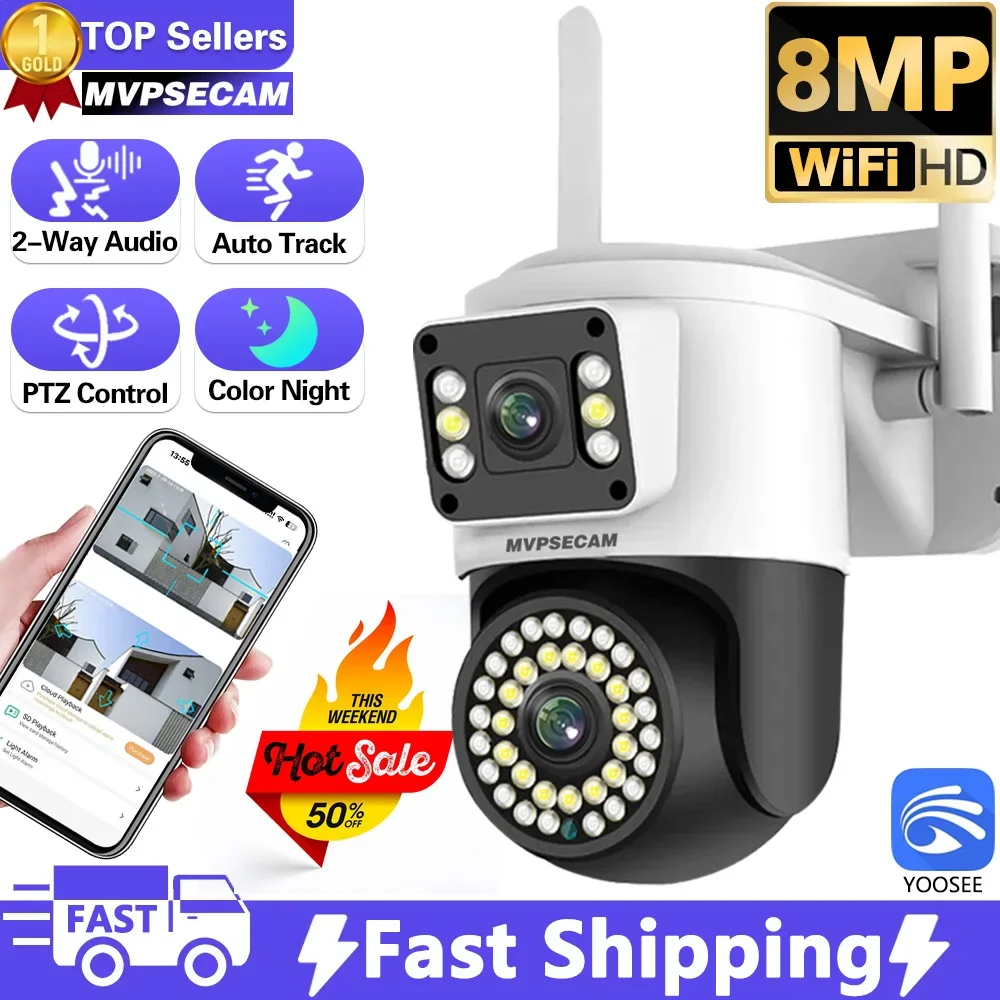 8MP 4K HD IP Camera Outdoor WiFi Dual LensDual Screen  PTZ Camera 4MP Auto Tracking CCTV Security Video Surveillance YOOSEE APP